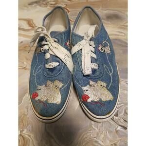 Sebastino Denim Cats Embroidered Sneakers Womens Size 9M Lace Up